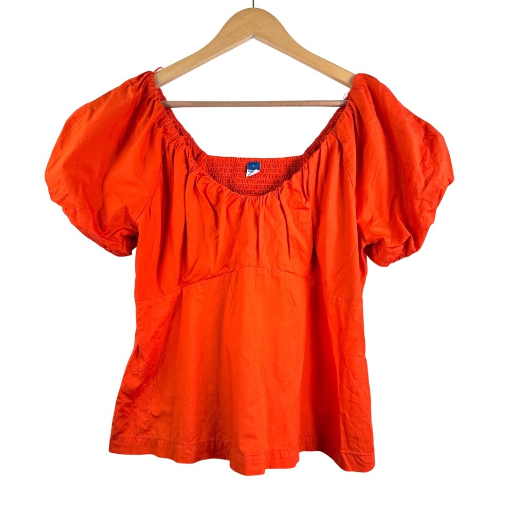 Old Navy Puff Sleeve Blouse sz L Orange Smocked Back poplin preppy regency